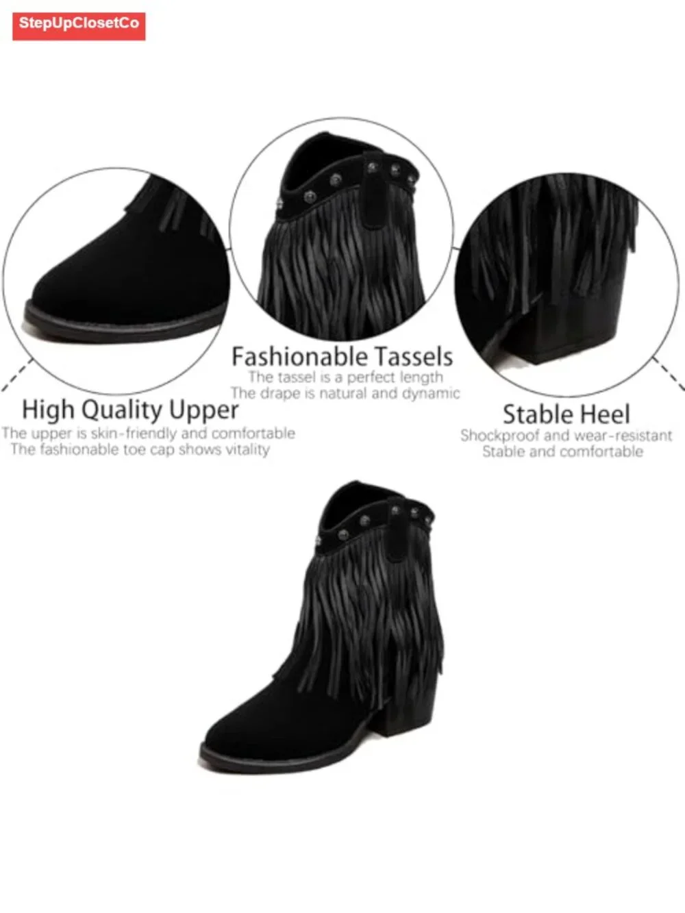 Suede Fringe Western Ankle Boots Women Studded Pointed Toe Chunky Heel Cowboy